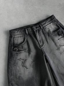 ROMWE MEN Street Life Quần Jeans Nam Dáng Rộng Thêu Họa Tiết - Màu xám đen - Xem 4