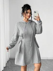 Elenzga Áo hoodie dệt kim dài tay thời trang tối giản cỡ lớn cho nữ có dây rút ở eo, váy dài đến đầu gối màu xám - Xám - Xem 3