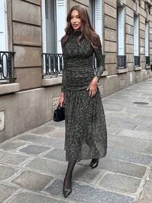 Pariaura Women's Dark Green Autumn Elegant Long Dress With Leopard Print & Ruched Details,Chic Delicate Tulle Figure-Flattering Apparel For Night Out - Multicolor - View 4