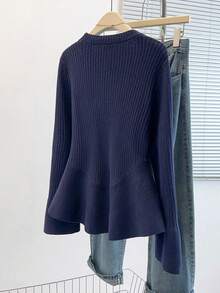 GlowEve CURVE Plus Size Women Solid Color Round Neck Long Sleeve Casual Loose Knit Sweater, Autumn/Winter - Navy Blue - View 2