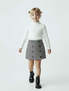Maija Kids 少女白色罗纹高领长袖T恤和千鸟格双排扣短裙套装 - 黑與白 - 查看 3