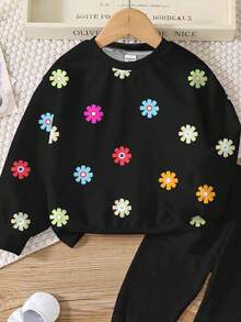 2pcs/Set Teen Girls Casual Floral Print Crew Neck Sweatshirt And Leggings Set, Comfortable For Autumn/Winter - Multicolor - View 4