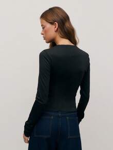 Nöista Spring-Summer Women Casual White Slim Fit Long Sleeves Stretch Base Top With Round Neck For New Year - Black - View 2