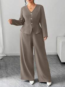 Elenzga Plus Size Women's Elegant V-Neck Cinched Waist Asymmetric Hem Long Sleeve Blazer Suit Set Gray Two-Piece Set With Cinched Waist - Khaki - View 3
