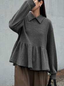 FRIFUL Damen Einfarbiges T-Shirt mit Umlegekragen, Drop-Shoulder, Langarm, Manschetten, Plissee-Saum und Rüschentrimm, locker und vielseitig, für Herbst/Winter - Dunkelgrau - Übersicht 5
