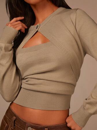 Athîral Pull court à manches longues avec design découpé, couleur unie, style décontracté pour femmes