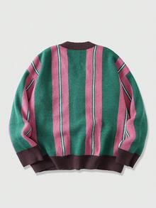 ROMWE MEN Prep Áo khoác cardigan dệt kim dài tay họa tiết sọc thêu chữ thu/đông cho nam - màu nâu - Xem 2