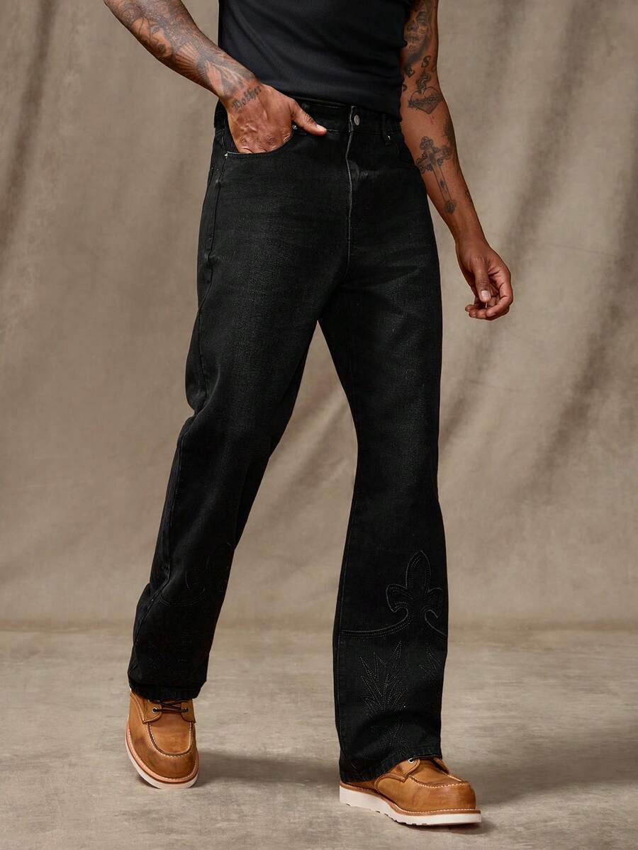 RivetRise Quần jeans ống đứng màu đen giặt thường ngày thu/đông thêu - màu đen - Xem 1