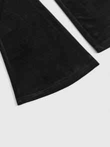 ROMWE Goth 哥特式深色喇叭裤，天鹅绒保暖复古性感修身弹力女裤 - 黑色 - 查看 4