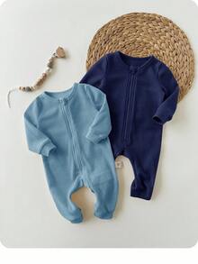 SHEIN Bộ 2 áo liền quần tay dài dệt kim màu trơn dễ thương cho bé gái sơ sinh, mùa thu/đông - Màu xanh hải quân - Xem 5