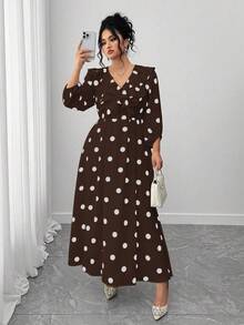 Elenzga Đầm dài tay cổ chữ V họa tiết chấm bi thanh lịch cho nữ cỡ lớn - Cà phê nâu - Xem 5
