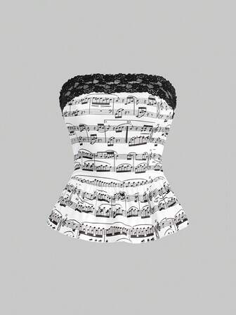 J-Fashion Women's Y2K Music Note All-Over Print Contrast Color Lace Ruffle Hem Fitted Bandeau Top