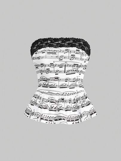 J-Fashion Women's Y2K Music Note All-Over Print Contrast Color Lace Ruffle Hem Fitted Bandeau Top