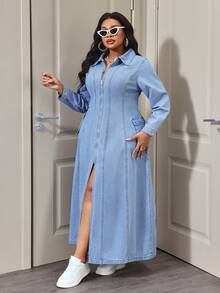 Slaydiva Plus Size Women Long Sleeve Zip Front Utility Pocket Casual Denim Dress - Blue - View 4