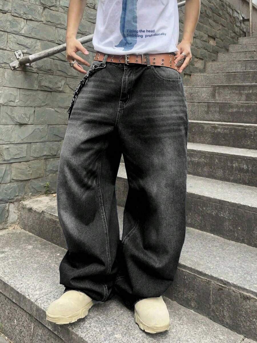 SHEIN 青少年男孩时尚休闲 Y2K 复古酷炫街头基础款简约黑色牛仔宽松舒适牛仔裤日常穿着秋冬秋季锐舞节和街头服饰 - 黑色 - 查看 1
