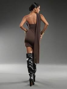 Normani Vestido mini ajustado de unicolor y sexy para mujer - Marrón - Ver 2