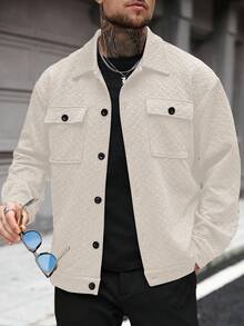 Manfinity Homme 男士加大码夹克，男士纽扣前开襟长袖口袋简约夹克，休闲日常穿着，男士夹克，秋冬款男士夹克，男友礼物，保暖长袖休闲外出夹克，男士黑色夹克，男士休闲夹克，男士衬衫式纹理夹克，男士宽松夹克，男士口袋夹克，男士衬衫式夹克，男士夏季夹克，男士休闲夹克 - 杏色 - 查看 5