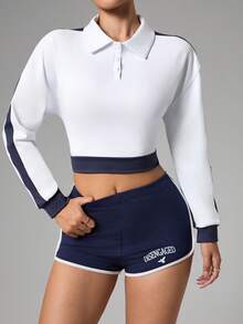 Gameset SHEIN Sport 女士休闲撞色四分之一扣短款卫衣，秋季网球卫衣 - 彩色 - 查看 3