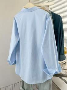 Airaco 女士休闲纯色落肩宽松衬衫，秋季长袖衬衫 - 藍色 - 查看 2