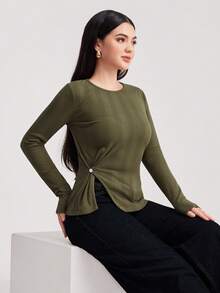 Veilorie 女士休闲圆领长袖T恤 - 軍綠色 - 查看 2