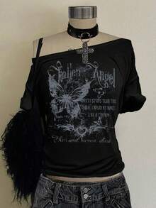 Attitoon Trang phục thường ngày tối giản, phong cách retro punk Y2K đa năng, phù hợp cho tiệc tùng, sân bay, họa tiết hoa bướm, chữ cái tiếng Anh in mờ, áo thun ngắn tay màu đen dáng rộng thoải mái dành cho phụ nữ cỡ lớn, thích hợp cho mùa thu/đông. - màu đen - Xem 5