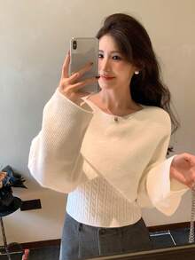 DAZY 女士纯色吊带背心和休闲长袖衬衫两件套家居服套装 - 卡其色 - 查看 4