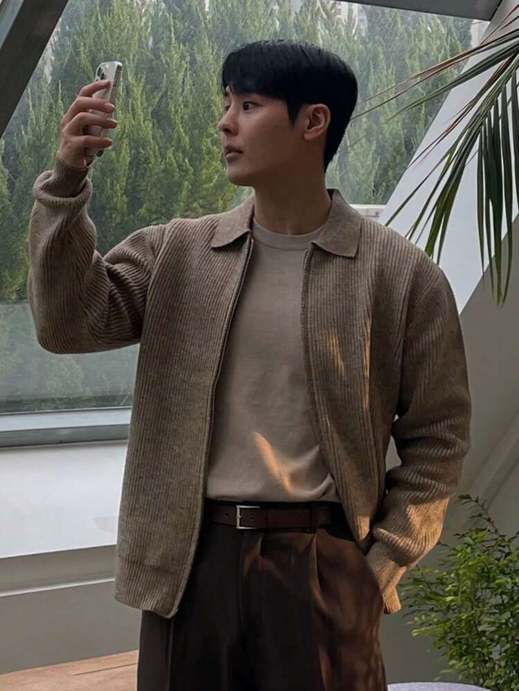 Men's Brown Cardigan Sweater With Turndown Collar And Double Zipper Design, Autumn/Winter