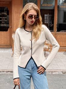 SHEIN Frenchy Áo khoác cardigan dài tay viền bất đối xứng thường ngày cho nữ, đa năng - Đen và trắng - Xem 4