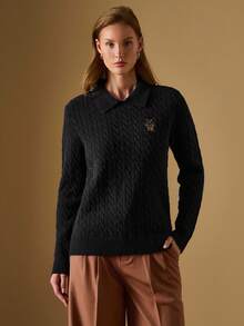 Briarwyn 女式简约绞花刺绣长袖毛衣，藏青色毛衣，冬装，新年女装，复古风女装，万圣节女装 - 黑色 - 查看 4