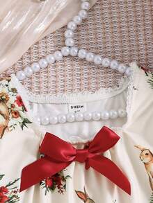 SHEIN 2pcs Baby Girl Bow Lace Trim Collar Yellow Rabbit Print Long Sleeve Top And Pants Pajama Set