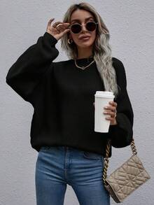 SHEIN LUNE Suéter holgado de punto de unicolor casual para mujer - Negro - Ver 6