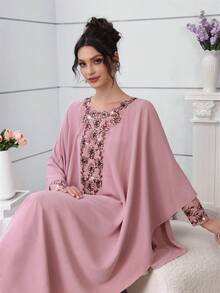 Al Najma Women's Loose Fit Beaded Collar Floral Long Robe Dress, Pink - Pink - View 4