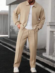 Manfinity CasualCool Bộ đồ thường ngày cho nam có áo khoác nam màu trơn có khóa kéo phía trước và quần có dây rút ở eo - Màu Khaki - Xem 3