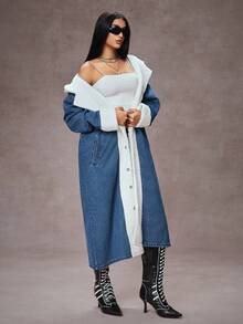 Jeanoix 女式秋冬拼布羊羔绒落肩单排扣休闲连帽牛仔夹克 - 藍色 - 查看 7