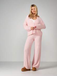 Missguided x Playboy Fluffy Knit Cardigan And Trousers Co-Ord Set Loungewear Matching Outfit For Cozy Home Winter