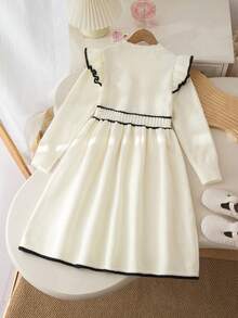 SHEIN Sparklyn Mädchen Pulloverkleid, modisches, elegantes Farbblock Pulloverkleid mit Schleife, Fake Taschen, Rundhalsausschnitt, Langarm Prinzessinnenkleid, geeignet für 8-12 jährige Mädchen, A-Linie plissierter Rock, Herbst/Winter gestricktes Kleid - Weiss - Übersicht 7