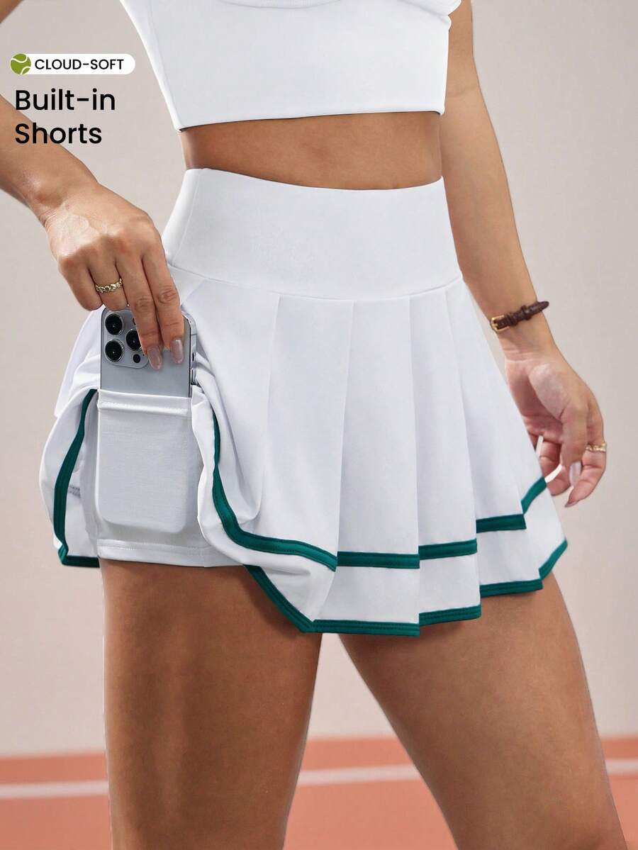 CourtClass Quần short lót & váy thể thao có túi, cạp chun kẻ sọc màu tương phản dành cho nữ, viền loe, mùa xuân/hè - trắng - Xem 1