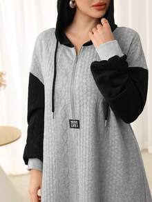 Al Najma Women's Textured Fabric Metal Zipper Front Hooded Loose Fashionable Dress, Autumn/Winter - Multicolor - View 5