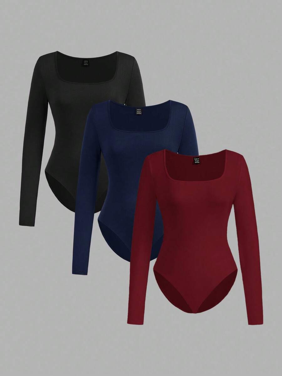 SHEIN EZwear 3 件套女士方领长袖紧身服装,适合秋冬季 - 彩色 - 查看 1