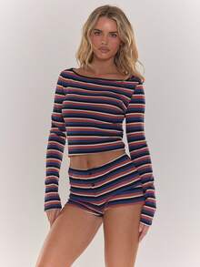 MUSERA Pantalones cortos casuales a rayas de ajuste ceñido, versátiles, shorts de ganchillo, shorts mini lindos, estilo cottage campestre, casuales, para primavera, vacaciones, versátiles, para uso diario, solo Bottom - Naranja - Ver 2