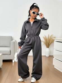 SHEIN 青少年女孩休闲简约保暖内衬户外立领长袖连体裤，秋冬 - 深灰色 - 查看 3