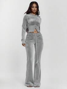 MUSERA Drawstring Tie Ruched Front Low Waist Velour Skinny Fitted Flare Trousers Bottoms Only Sexy Going Out Autumn Fall Night Out Winter Cute Streetwear