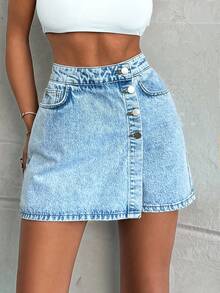 EURMUSE PETITE LIGHT WASH BUTTONS DETAIL SHORT SKIRT - Light Wash - View 7