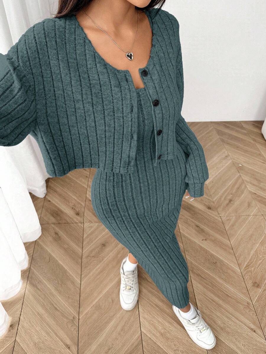 SHEIN EZwear 女式秋季新款罗纹针织落肩纽扣前襟夹克和修身中长连衣裙套装 - 水鴨藍 - 查看 1