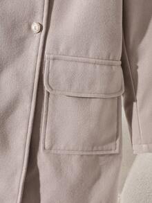 Tween Girls' Elegant Chic Academic Style Pearl Button Decor Long Sleeve Pocket Woolen Jacket, Khaki, Autumn/Winter - Khaki - View 4