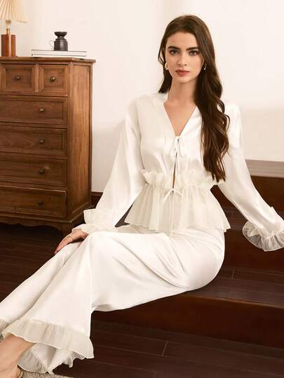 Moireta Elegante Mature Sleepwear Set Bloemen Kanten French Chic Long Sleeve Top Pants, Graceful Charming Intellectual Women Pajama In White, Fall Clothes view 4