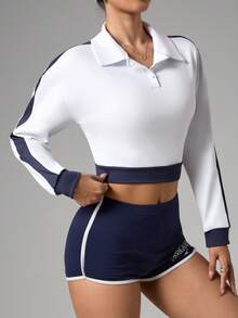 Gameset SHEIN Sport 女士休闲撞色四分之一扣短款卫衣，秋季网球卫衣 - 彩色 - 查看 4