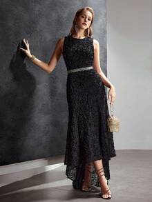 MOTF Soiréza 3D FLORAL APPLIQUES SHORT FRONT LONG BACK SLEEVELESS DRESS, SUITABLE FOR WEDDING, PARTY, BANQUET - Black - View 6