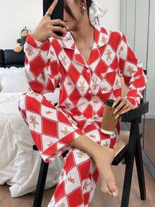 女士新款秋冬姜饼人格子印花休闲长袖睡衣套装 - 紅白色 - 查看 6
