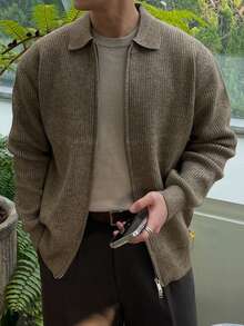 DAZY Men's Brown Cardigan Sweater With Turndown Collar And Double Zipper Design, Autumn/Winter - Coffee Brown - View 1